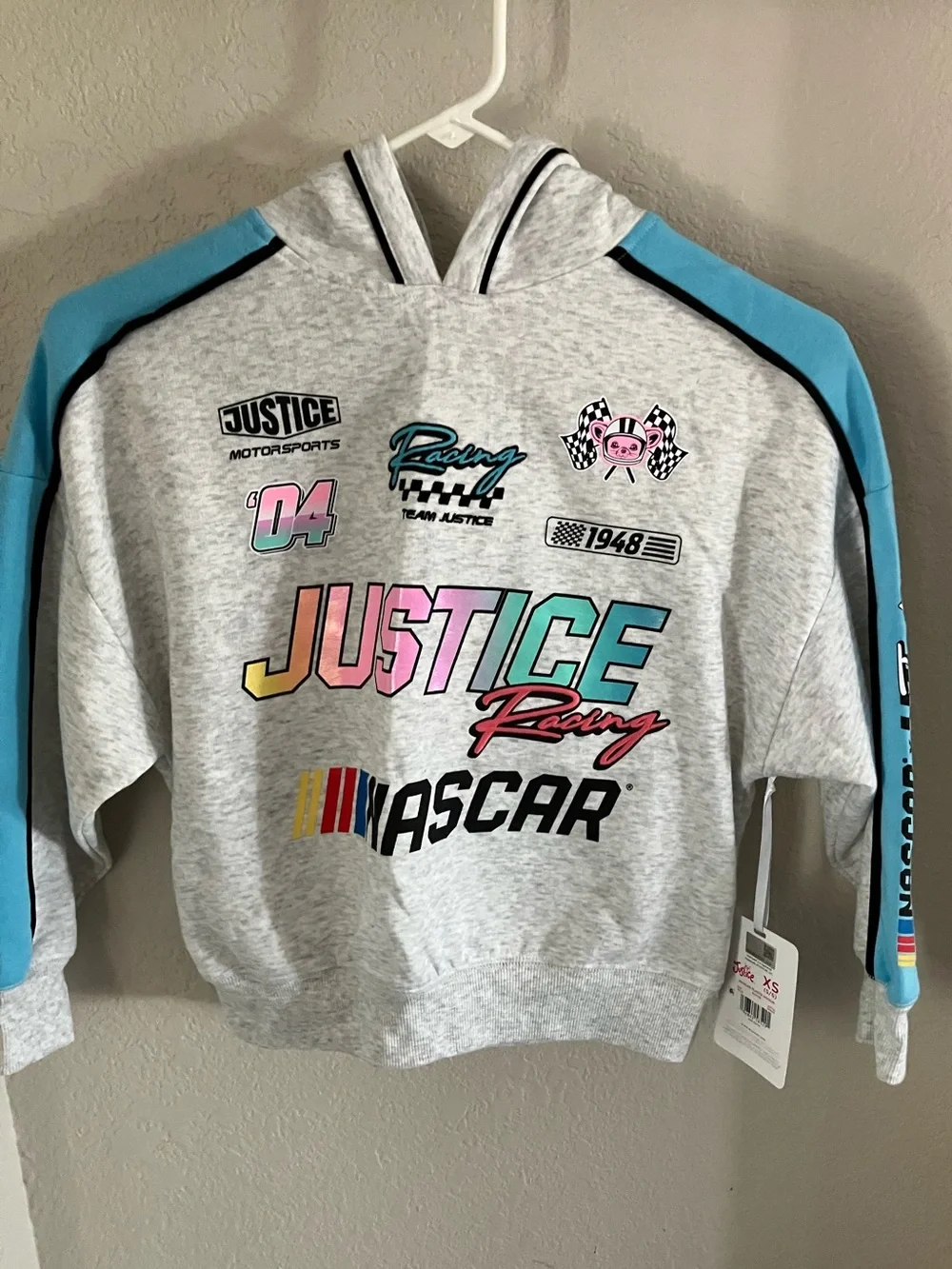Justice Girls' Heather Gray & Blue Racing Hoodie with Multicolor Logos
